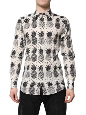 Dolce & Gabbana White Pineapple Print Long Sleeve GOLD Shirt