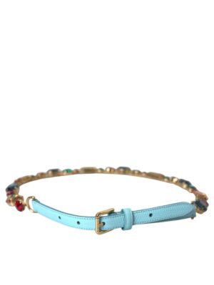 Dolce & Gabbana Light Blue Leather Crystal Chain Waist Belt