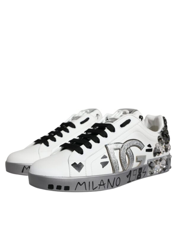 Dolce & Gabbana White Silver Crystal Logo Portofino Sneakers Shoes - Image 3
