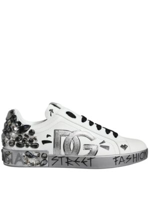 Dolce & Gabbana White Silver Crystal Logo Portofino Sneakers Shoes