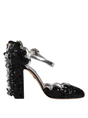 Dolce & Gabbana Black Silver Sequin Ankle Strap Sandals Shoes