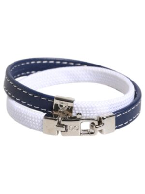 Dolce & Gabbana Blue White Leather Trimmed DG Engraved Silver Tone Clasp Bracelet