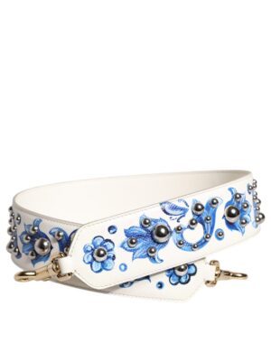 Dolce & Gabbana White Blue Floral Leather Stud Shoulder Strap