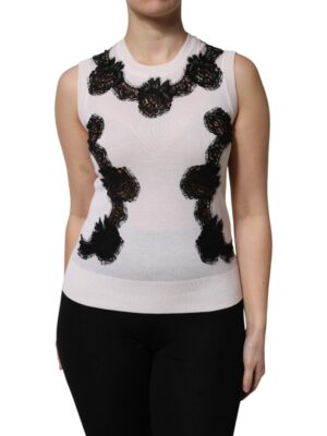 Dolce & Gabbana White Cashmere Floral Lace Detailing Tank Top