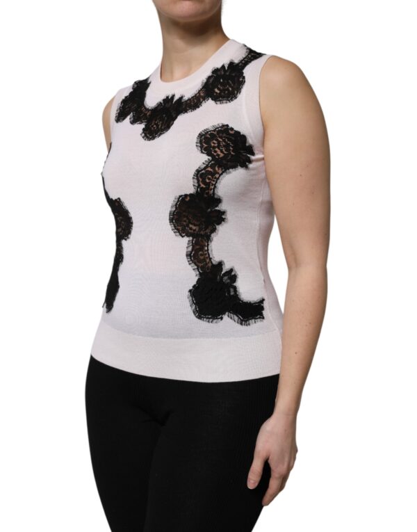 Dolce & Gabbana White Cashmere Floral Lace Detailing Tank Top - Image 3