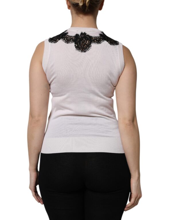 Dolce & Gabbana White Cashmere Floral Lace Detailing Tank Top - Image 4