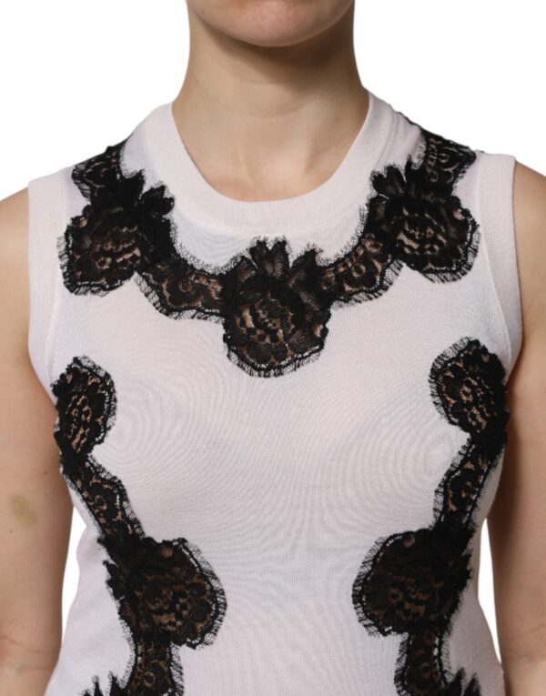 Dolce & Gabbana White Cashmere Floral Lace Detailing Tank Top - Image 5