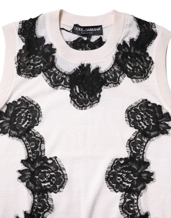 Dolce & Gabbana White Cashmere Floral Lace Detailing Tank Top - Image 7