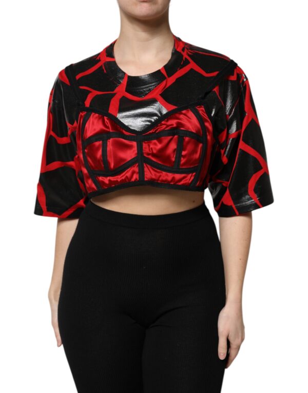 Dolce & Gabbana Red Black Cotton Bustier Detailing Cropped Top - Image 2