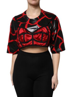 Dolce & Gabbana Red Black Cotton Bustier Detailing Cropped Top
