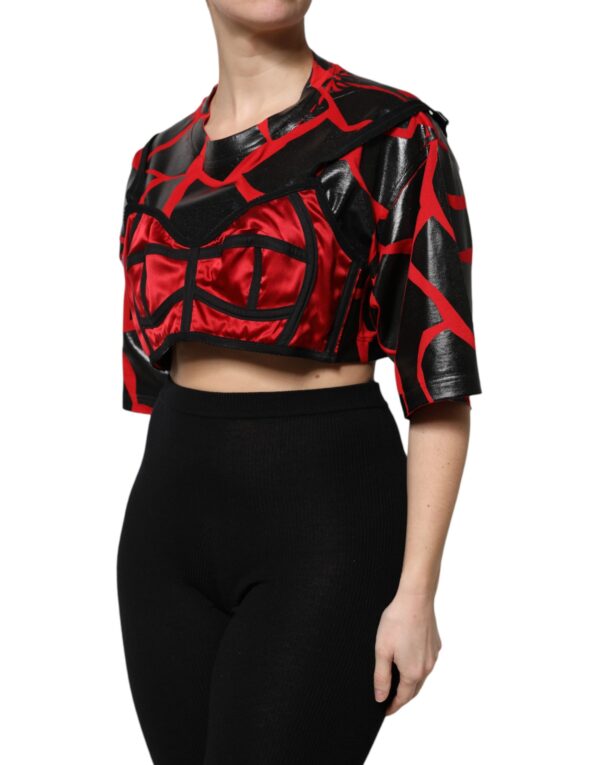 Dolce & Gabbana Red Black Cotton Bustier Detailing Cropped Top - Image 3