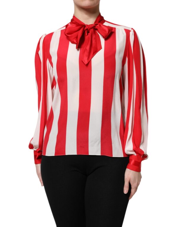Dolce & Gabbana Red White Stripes Ascot Collar Blouse Top - Image 2
