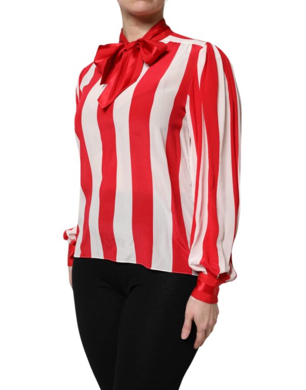 Dolce & Gabbana Red White Stripes Ascot Collar Blouse Top - Image 3