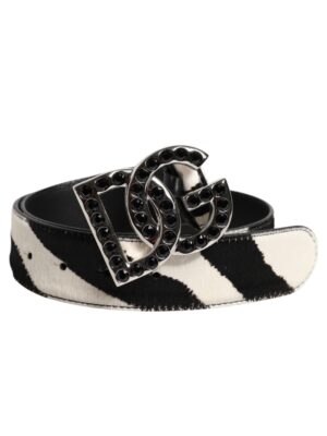 Dolce & Gabbana White Black Leather Zebra DG Crystal Buckle Belt
