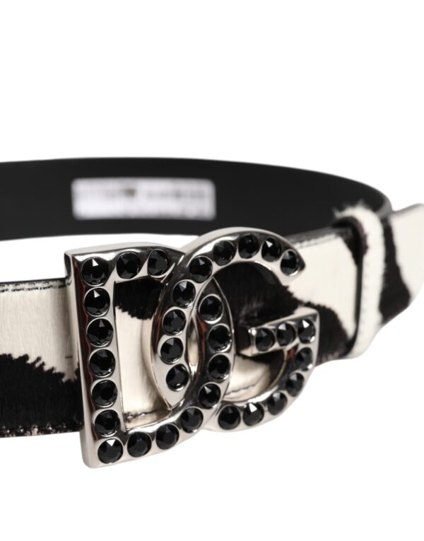 Dolce & Gabbana White Black Leather Zebra DG Crystal Buckle Belt - Image 4