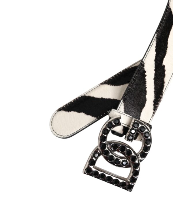 Dolce & Gabbana White Black Leather Zebra DG Crystal Buckle Belt - Image 6