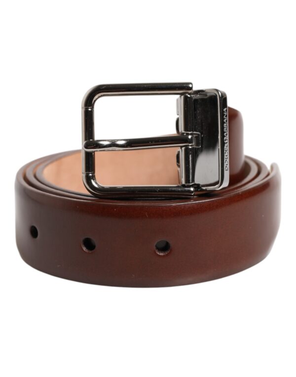 Dolce & Gabbana Brown Classic Calf Leather Silver Buckle Belt - Image 2