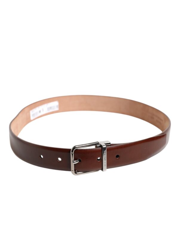 Dolce & Gabbana Brown Classic Calf Leather Silver Buckle Belt - Image 3