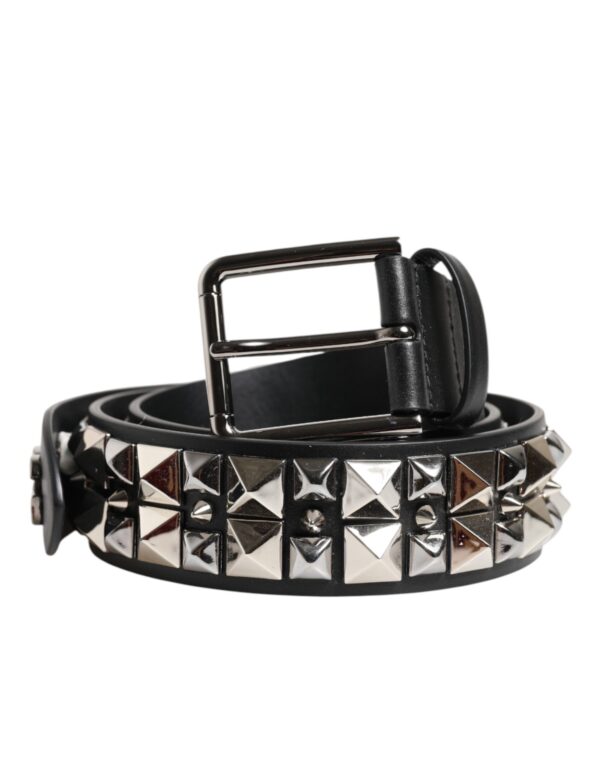 Dolce & Gabbana Black Calf Leather Studded Silver Buckle Belt - Image 2