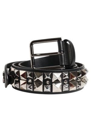 Dolce & Gabbana Black Calf Leather Studded Silver Buckle Belt