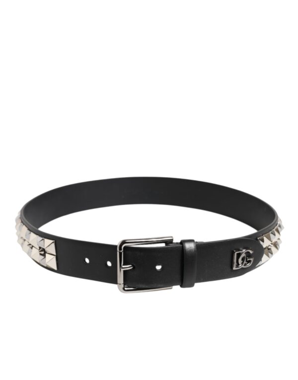 Dolce & Gabbana Black Calf Leather Studded Silver Buckle Belt - Image 3
