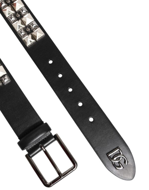 Dolce & Gabbana Black Calf Leather Studded Silver Buckle Belt - Image 7