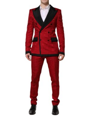 Dolce & Gabbana Red Floral Jacquard Double Breasted 2 Pc Suit