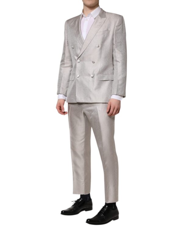 Dolce & Gabbana Light Gray Jacquard Silk Dotted 2 Piece Suit - Image 3
