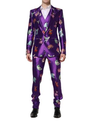 Dolce & Gabbana Purple Silk Animal Print 3 Piece Suit