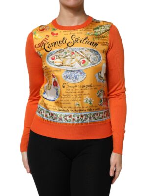 Dolce & Gabbana Orange Cannoli Sicilian Silk Crew Neck Top