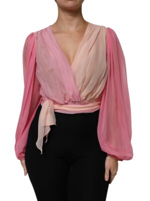Dolce & Gabbana Pink Plunging V-neck Long Sleeves Blouse Top