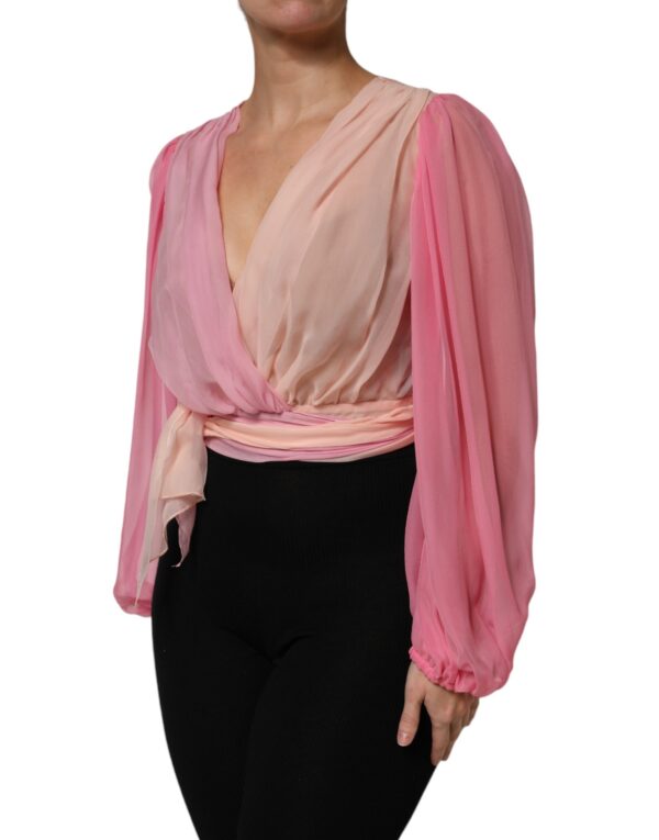 Dolce & Gabbana Pink Plunging V-neck Long Sleeves Blouse Top - Image 3
