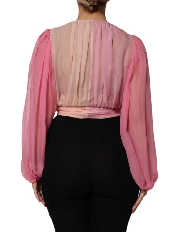 Dolce & Gabbana Pink Plunging V-neck Long Sleeves Blouse Top - Image 4