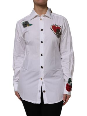 Dolce & Gabbana White Cotton Floral Embellished Shirt Top