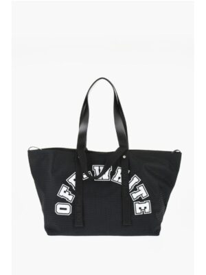 Off-White Perforated Fabric Tote bag with Leather Details