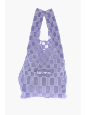 Last Frame Checked Knitted Tote Bag with Faux Leather Shoulder Strap