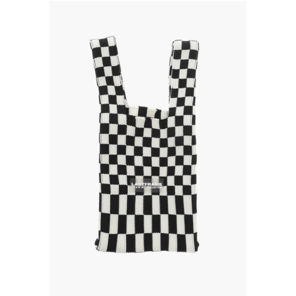 Last Frame Checked Knitted Tote Bag with Faux Leather Shoulder Strap