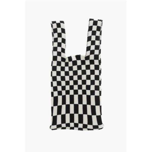 Last Frame Checked Knitted Tote Bag with Faux Leather Shoulder Strap - Image 2