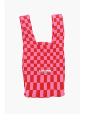 Last Frame Checked Knitted Tote Bag with Faux Leather Shoulder Strap