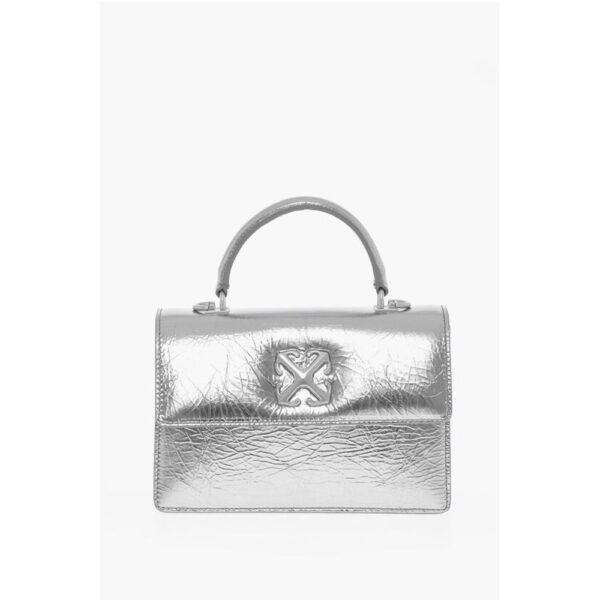 Off-White Metallic Leather Handbag with Removable Shoulder Strap