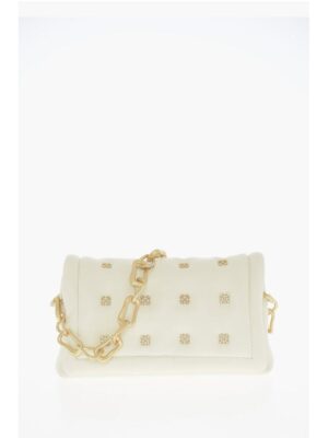 Off-White Leather Shoulder Bag with Iconic Motif in Golden Metal