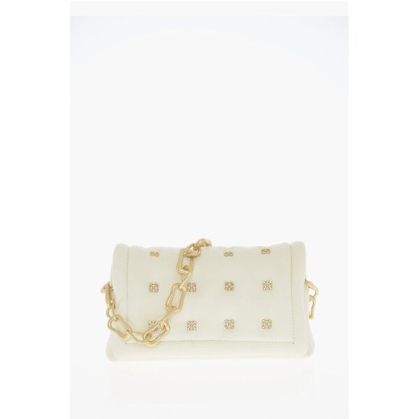 Off-White Leather Shoulder Bag with Iconic Motif in Golden Metal