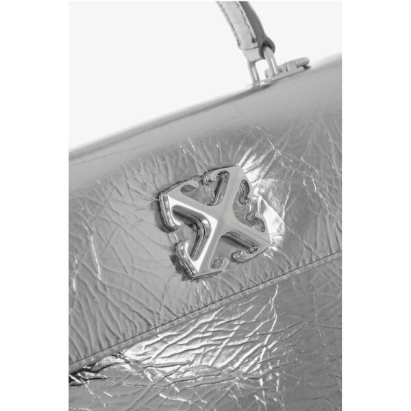 Off-White Metallic Leather Handbag with Removable Shoulder Strap - Image 4