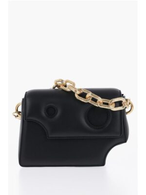 Off-White Leather Crossbody Bag with Cut-Out Details and Golden Chain