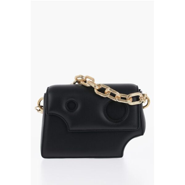 Off-White Leather Crossbody Bag with Cut-Out Details and Golden Chain