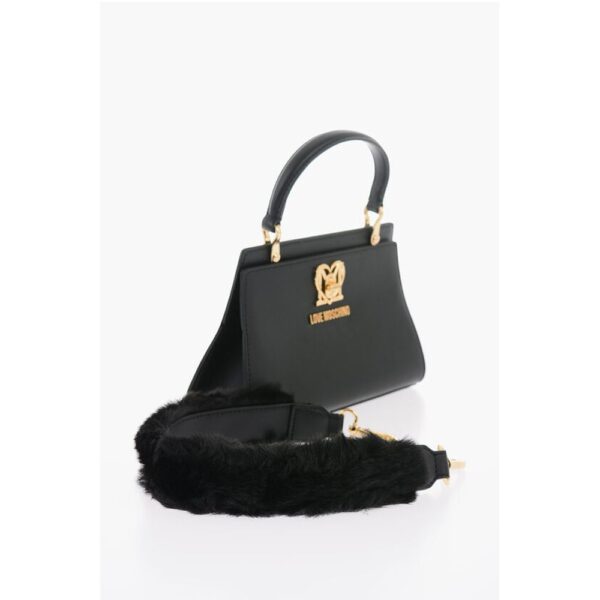 Moschino LOVE Solid Color Handbag with Removable Faux Fur Handle - Image 4