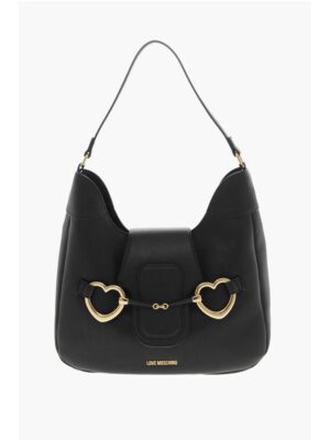 Moschino LOVE Textured Faux Leather Hobo Bag with Maxi Heart-Shaped C