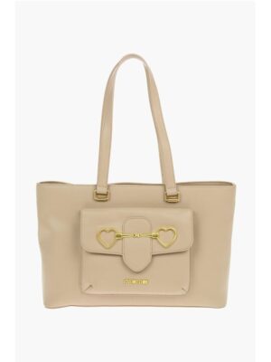 Moschino LOVE Faux Leather Maxi Front Pocket Tote Bag with Heart Clam