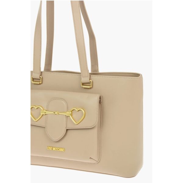 Moschino LOVE Faux Leather Maxi Front Pocket Tote Bag with Heart Clam - Image 3