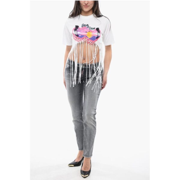 Dsquared² Fringed Hem SPRAY SUNSET Crop T-Shirt - Image 4